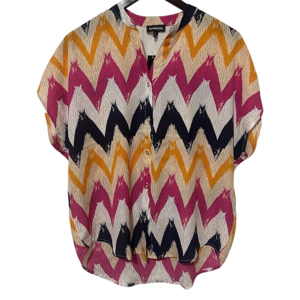 Romimona Women's Zigzag Patterned Top - Pink, Yellow, Black Size L Button up
